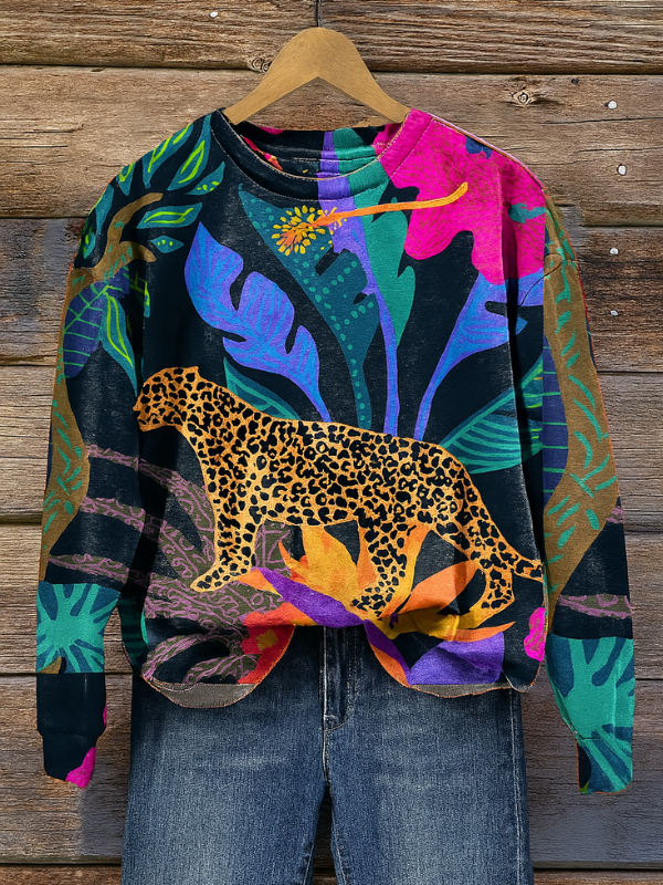 Damenpullover mit Tierdruck und Rundhalsausschnitt, Elegant und Vielseitig, Lange Ärmel
