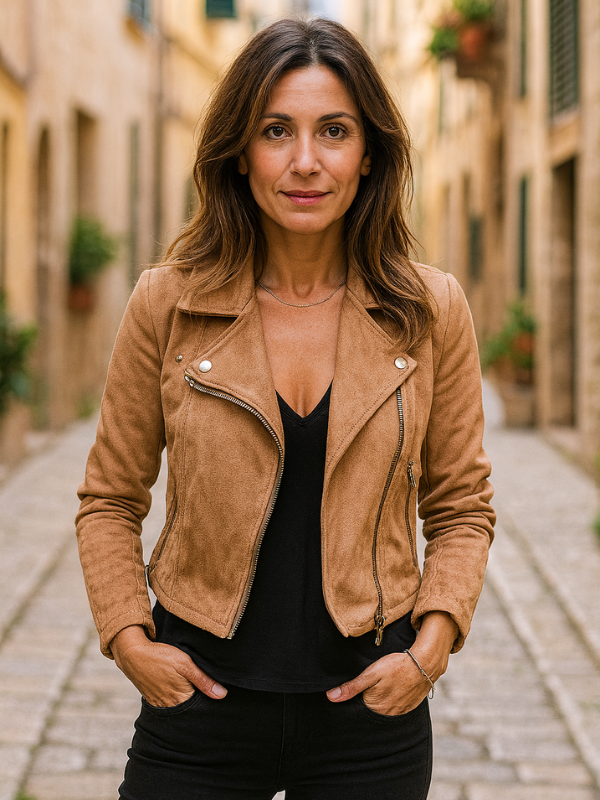 Giacca Biker Donna in Suede con Dettagli Autentici, Look Elegante e Versatile