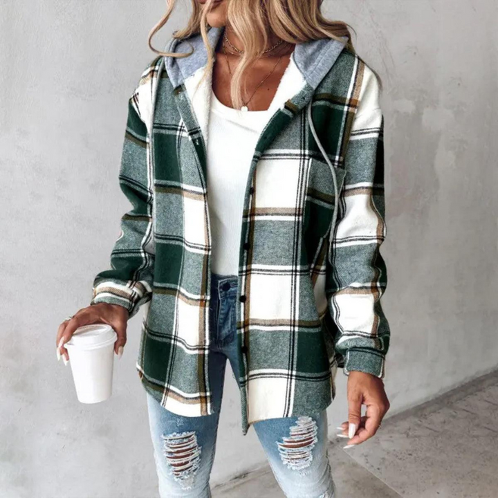 Damen Herbstjacke mit Karomuster, Kapuze und Taschen