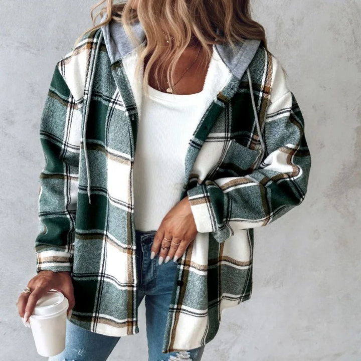Damen Herbstjacke mit Karomuster, Kapuze und Taschen