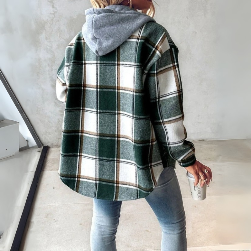 Damen Herbstjacke mit Karomuster, Kapuze und Taschen