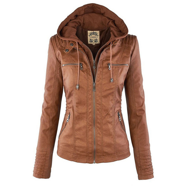 Damen Sommerjacke aus Leder mit abnehmbarem Kapuzen, eleganter Blouson für warme Tage