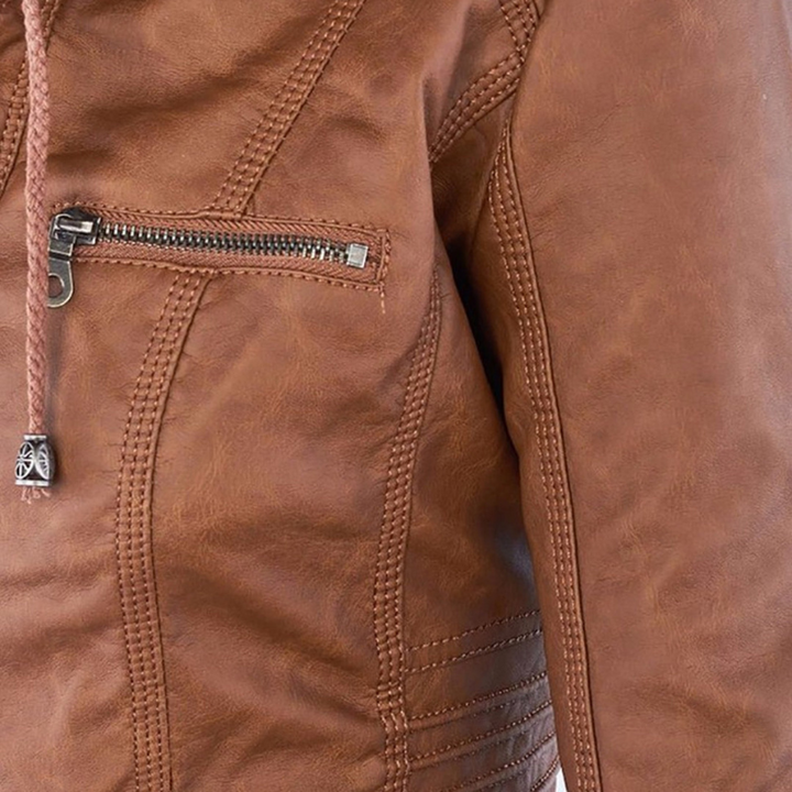 Damen Sommerjacke aus Leder mit abnehmbarem Kapuzen, eleganter Blouson für warme Tage