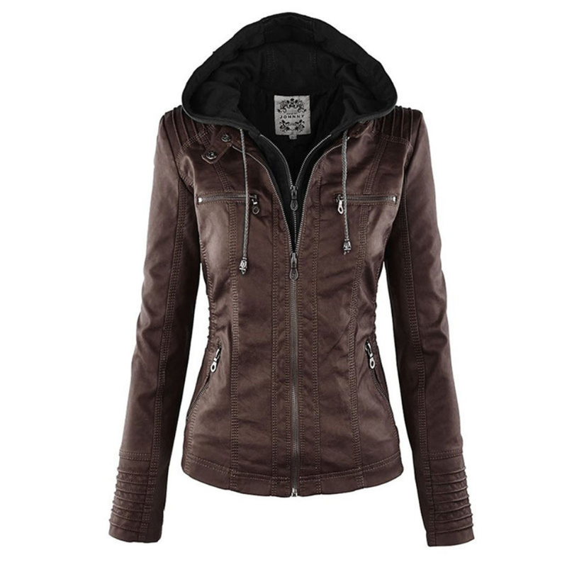 Damen Sommerjacke aus Leder mit abnehmbarem Kapuzen, eleganter Blouson für warme Tage