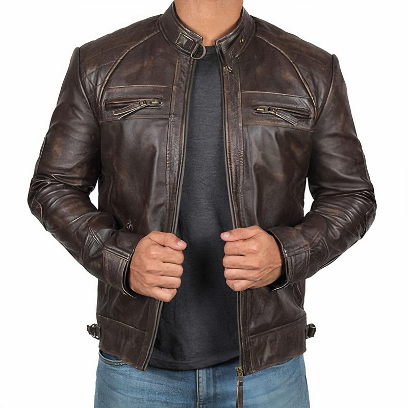 Giacca Moto Pelle Uomo con Tasche e Cerniera - Giacca da Motociclista Slim-Fit 0