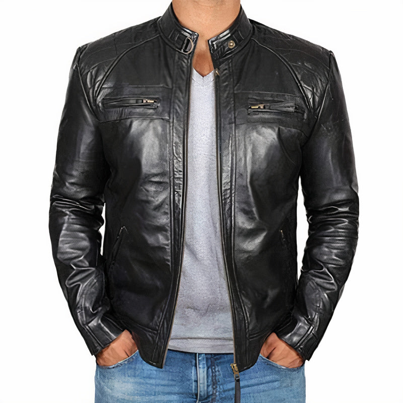 Giacca Moto Pelle Uomo con Tasche e Cerniera - Giacca da Motociclista Slim-Fit 1