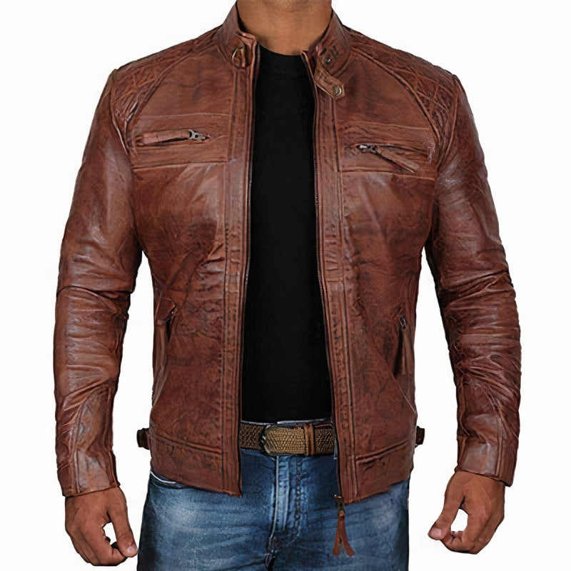Giacca Moto Pelle Uomo con Tasche e Cerniera - Giacca da Motociclista Slim-Fit 2