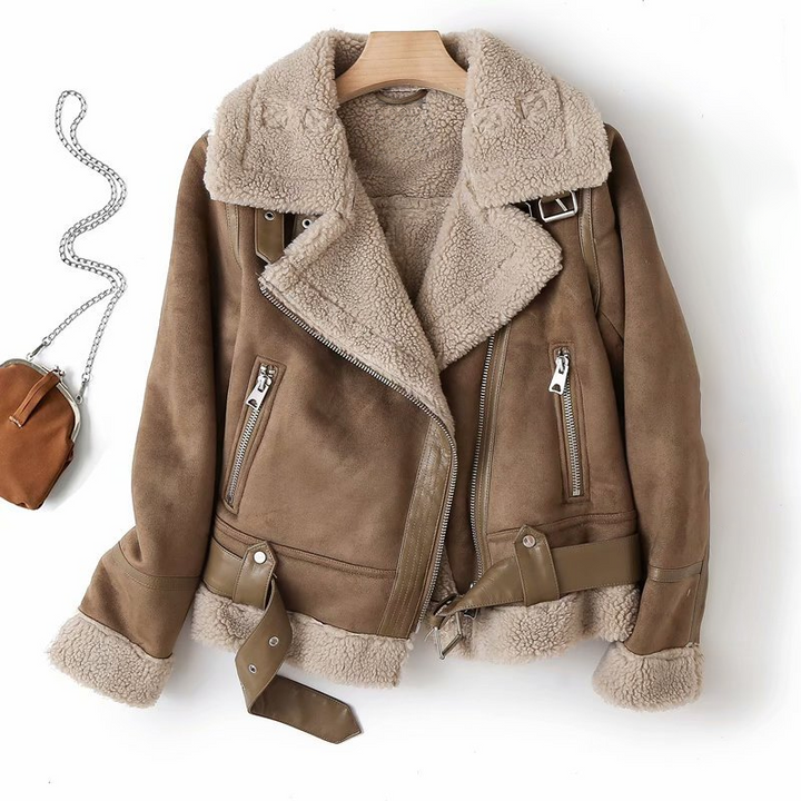 Vielseitige Damenlederjacke mit Sherpa-Futter