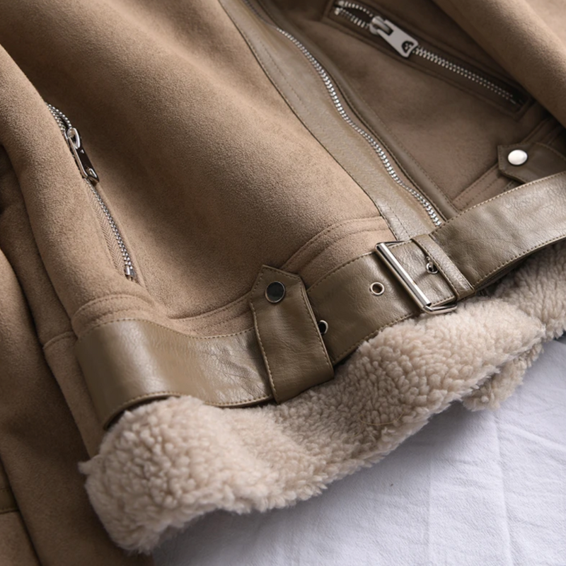 Vielseitige Damenlederjacke mit Sherpa-Futter