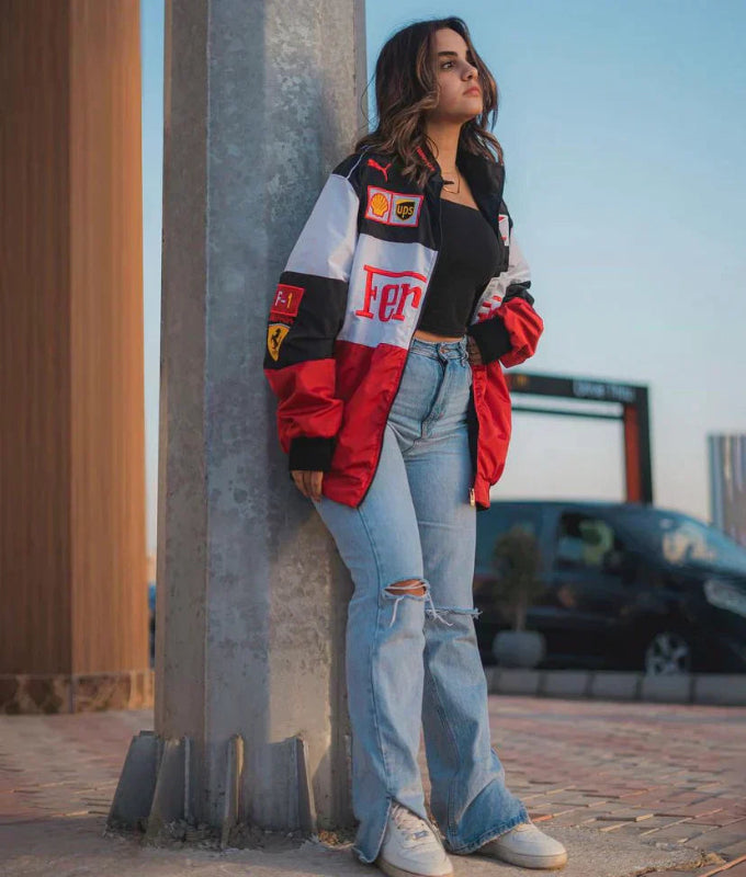 Giacca da Donna Oversize Stile Motorsport con Design a Blocchi di Colore e Dettagli Moderni 0