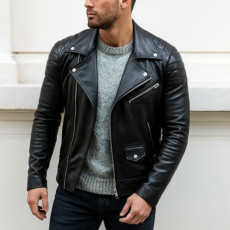 Giacca da moto slim fit da uomo in pelle con dettagli argentati – Giacca da moto elegante e versatile