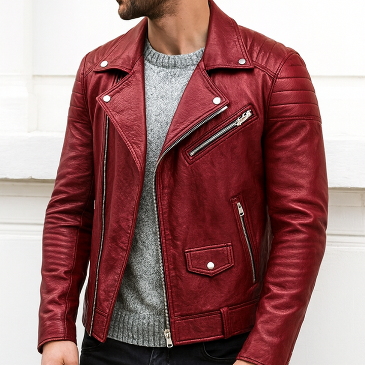 Giacca da moto slim fit da uomo in pelle con dettagli argentati – Giacca da moto elegante e versatile