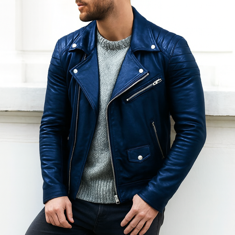 Giacca da moto slim fit da uomo in pelle con dettagli argentati – Giacca da moto elegante e versatile