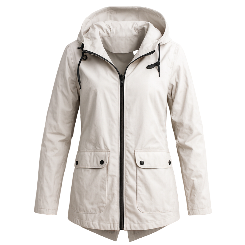 Wasserabweisende Damenjacke mit Kapuze und Fronttaschen, elegant und funktional