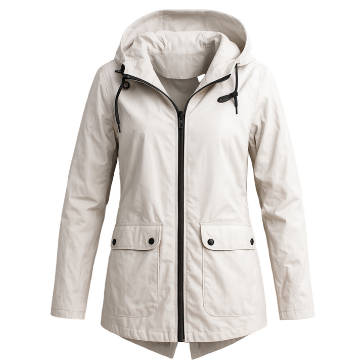 Wasserabweisende Damenjacke mit Kapuze und Fronttaschen, elegant und funktional