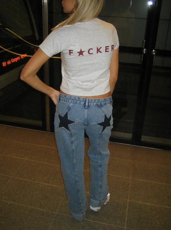 Jeans Donna Dritti a Vita Alta con Ricamo a Stella, Look Casual e Versatile 10