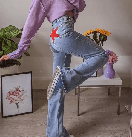 Jeans Donna Dritti a Vita Alta con Ricamo a Stella, Look Casual e Versatile 2