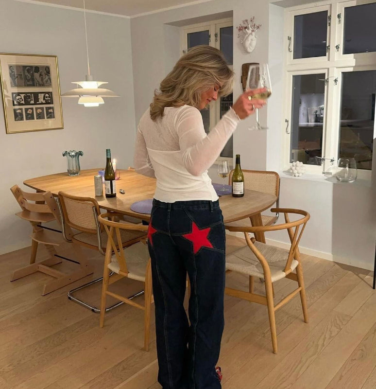 Jeans Donna Dritti a Vita Alta con Ricamo a Stella, Look Casual e Versatile 6