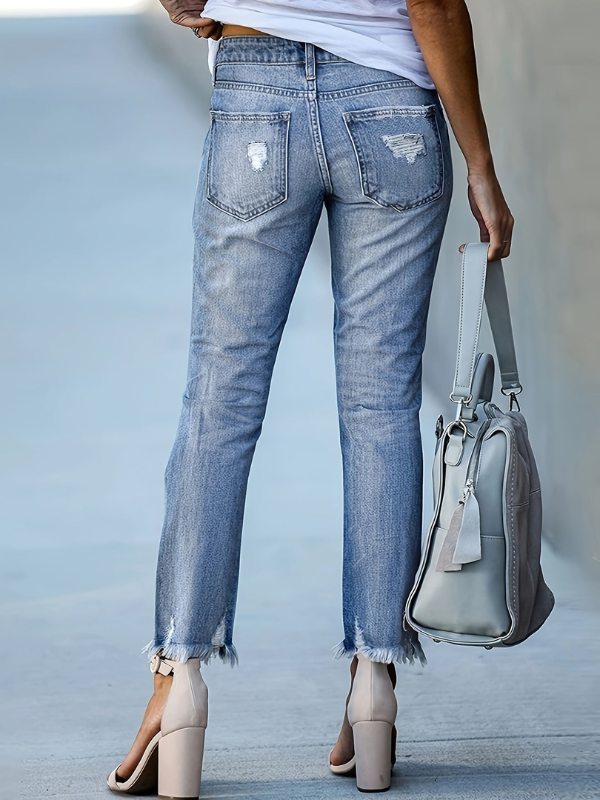 Jeans da Donna a Taglio Dritto con Vita Alta e Dettagli Strappati