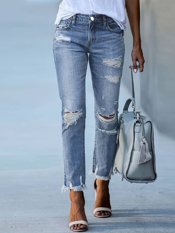 Jeans da Donna a Taglio Dritto con Vita Alta e Dettagli Strappati