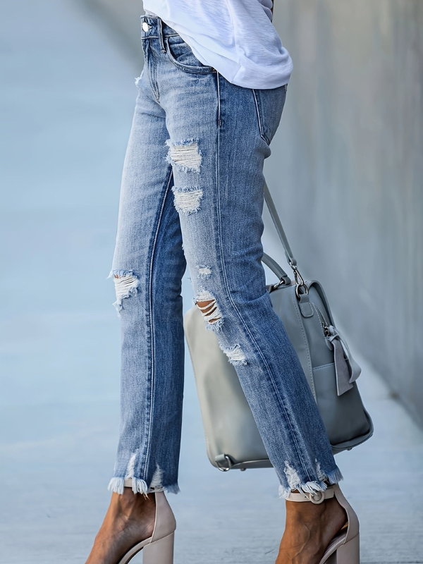 Jeans da Donna a Taglio Dritto con Vita Alta e Dettagli Strappati