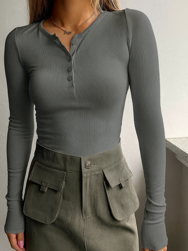 Slim Fit Damen Langarmshirts mit Henley-Kragen