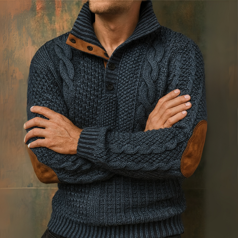Herrenpullover mit Zopfmuster und Ellbogenpatches