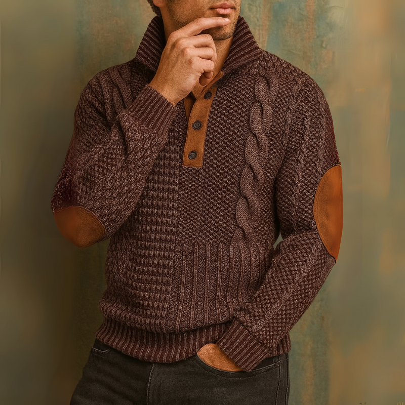 Herrenpullover mit Zopfmuster und Ellbogenpatches