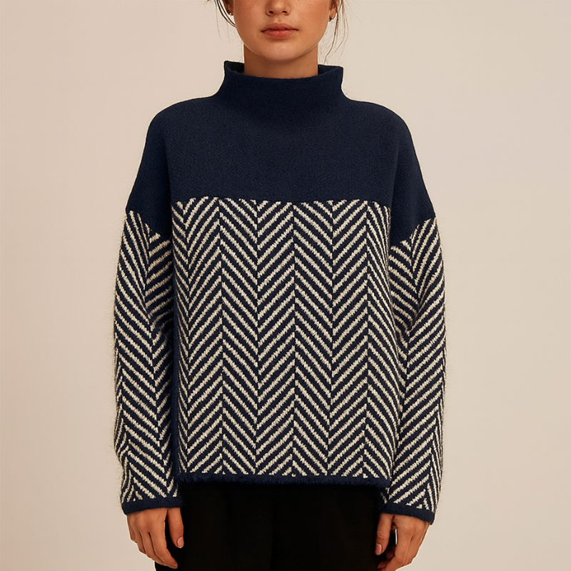 Eleganter Damenpullover mit Stehkragen und Zickzackmuster