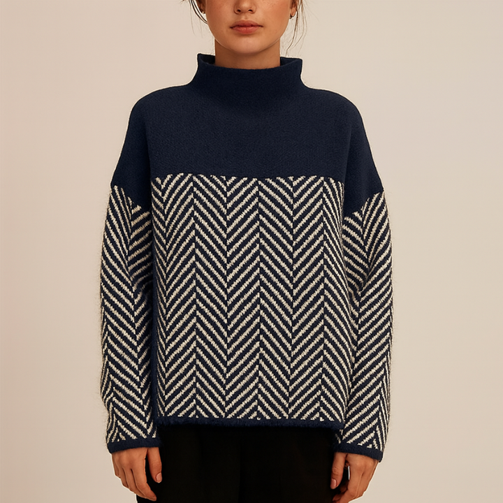 Eleganter Damenpullover mit Stehkragen und Zickzackmuster