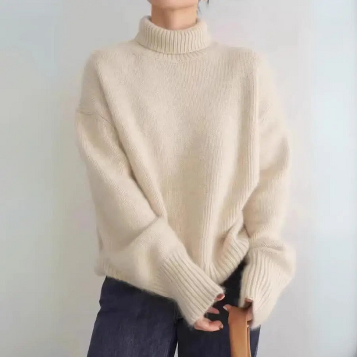Eleganter Damenpullover aus Wolle mit weitem Schnitt und hohem Kragen