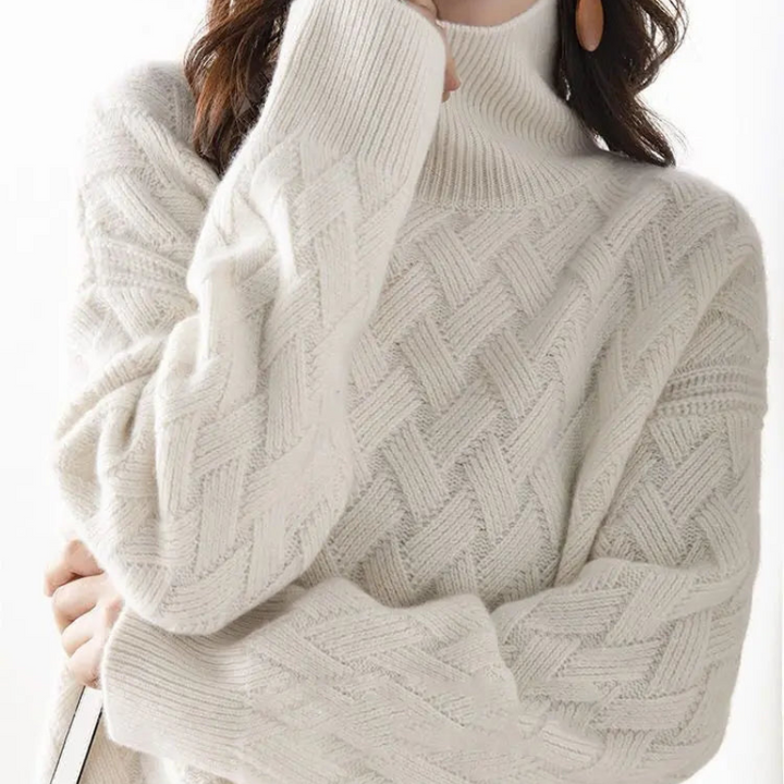 Weit geschnittene Damenstrickjacke aus Wolle - Hoher Kragen
