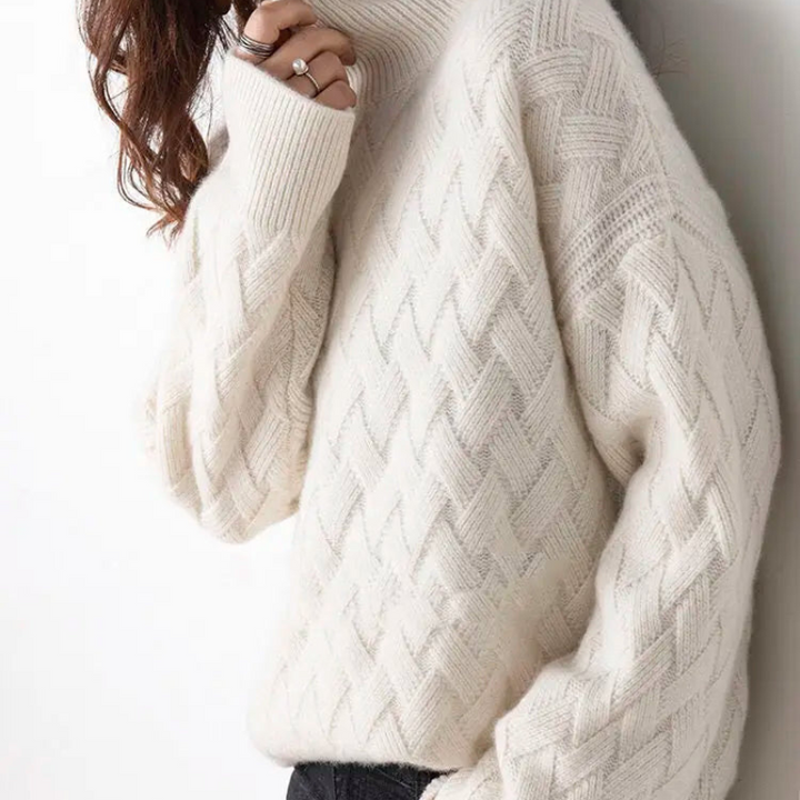 Weit geschnittene Damenstrickjacke aus Wolle - Hoher Kragen