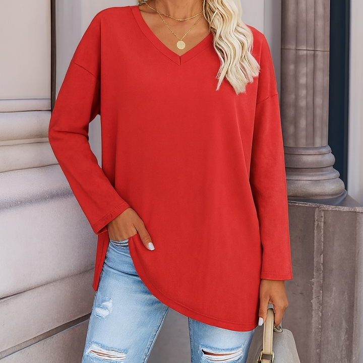 Eleganter Damenpullover mit langen Ärmeln aus Baumwolle und Polyester mit V-Ausschnitt – Stil für jeden Anlass