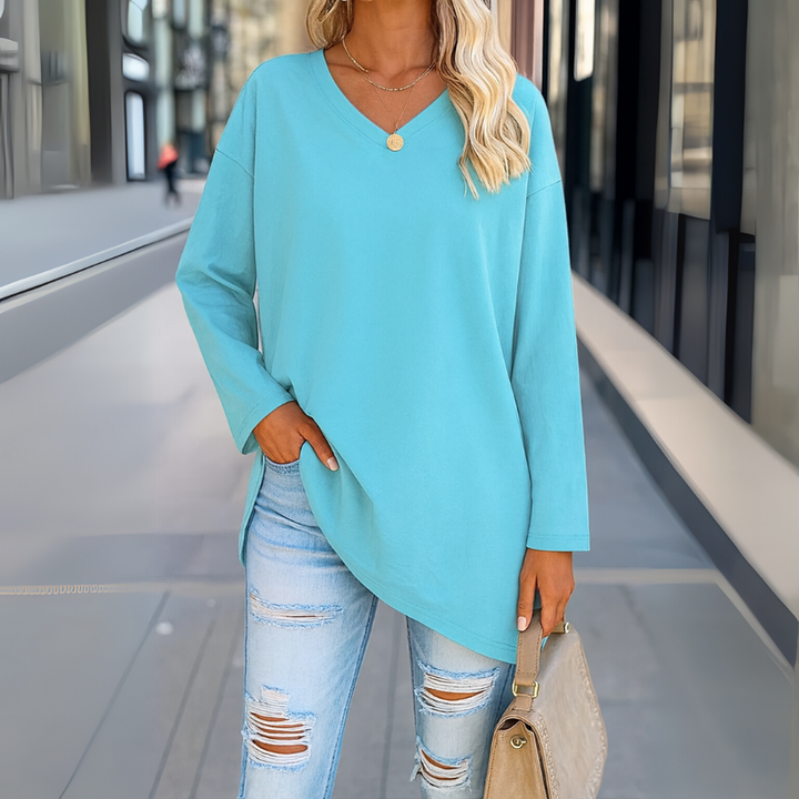 Eleganter Damenpullover mit langen Ärmeln aus Baumwolle und Polyester mit V-Ausschnitt – Stil für jeden Anlass