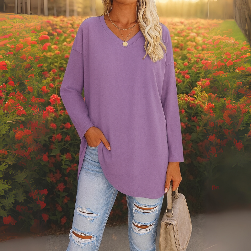 Eleganter Damenpullover mit langen Ärmeln aus Baumwolle und Polyester mit V-Ausschnitt – Stil für jeden Anlass