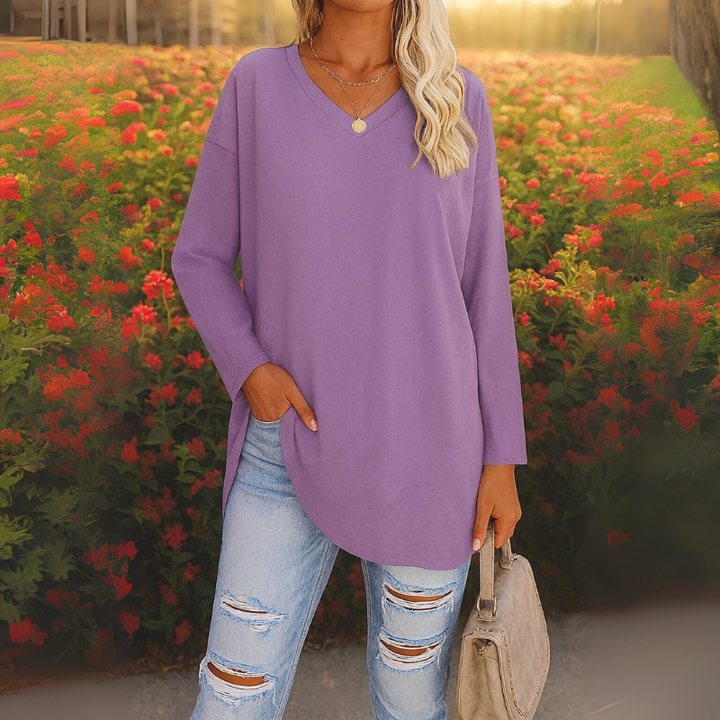 Eleganter Damenpullover mit langen Ärmeln aus Baumwolle und Polyester mit V-Ausschnitt – Stil für jeden Anlass