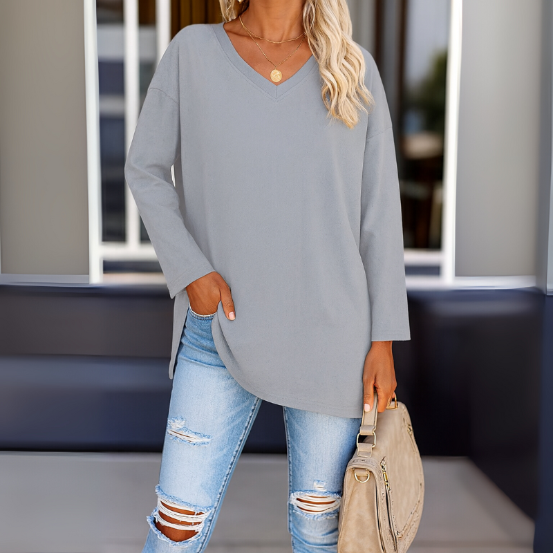 Eleganter Damenpullover mit langen Ärmeln aus Baumwolle und Polyester mit V-Ausschnitt – Stil für jeden Anlass