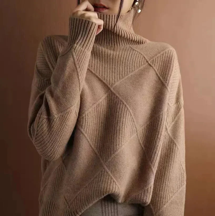 Maglione Turtleneck Donna in Cashmere con Motivo a Diamante - Elegante e Confortevole 0