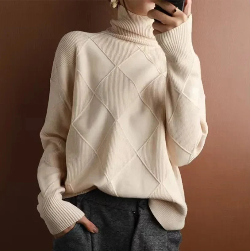 Maglione Turtleneck Donna in Cashmere con Motivo a Diamante - Elegante e Confortevole 1