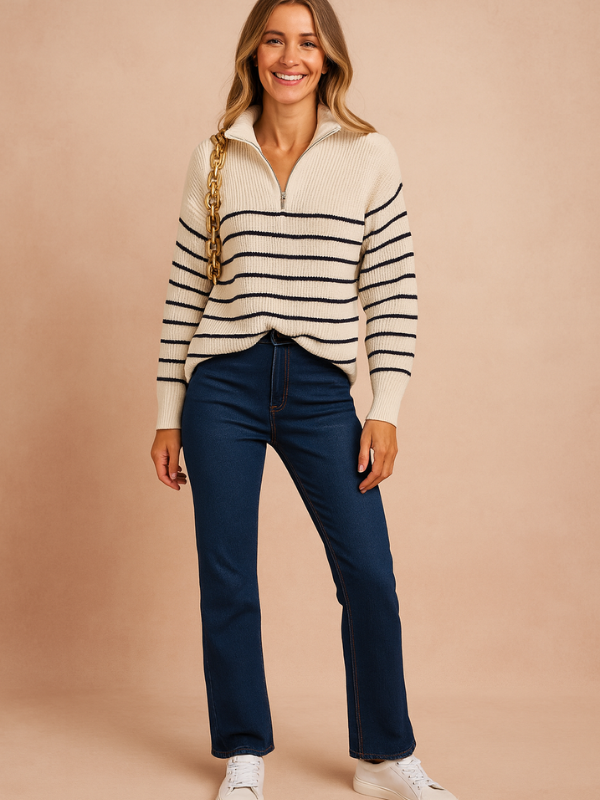 Damen gestreifter Pullover mit Kragen