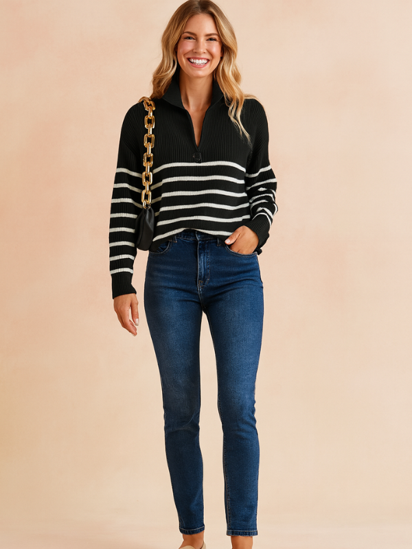 Damen gestreifter Pullover mit Kragen