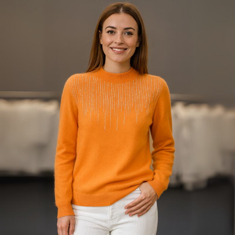 Damenpullover mit Stehkragen, Pailletten und langen Ärmeln