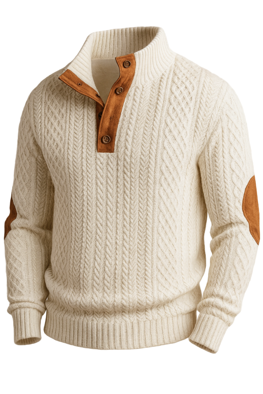 Herrenpullover mit Rollkragen und Zopfmuster mit Ellbogenflicken - Herrenpullover Herbst Winter