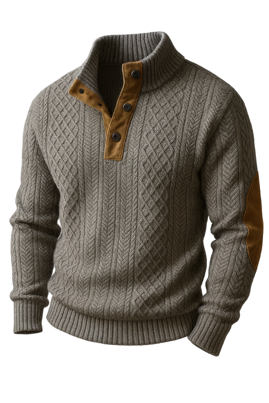 Herrenpullover mit Rollkragen und Zopfmuster mit Ellbogenflicken - Herrenpullover Herbst Winter