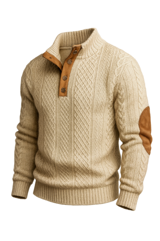 Herrenpullover mit Rollkragen und Zopfmuster mit Ellbogenflicken - Herrenpullover Herbst Winter