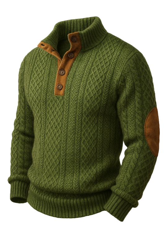 Herrenpullover mit Rollkragen und Zopfmuster mit Ellbogenflicken - Herrenpullover Herbst Winter