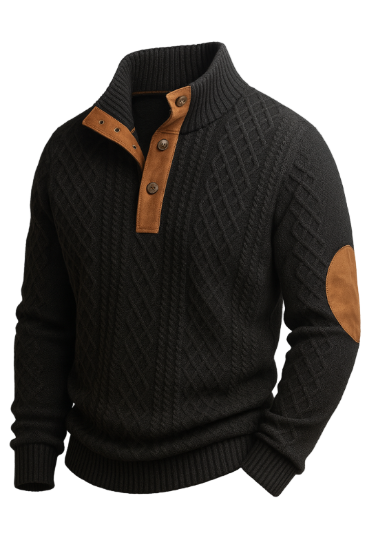 Herrenpullover mit Rollkragen und Zopfmuster mit Ellbogenflicken - Herrenpullover Herbst Winter