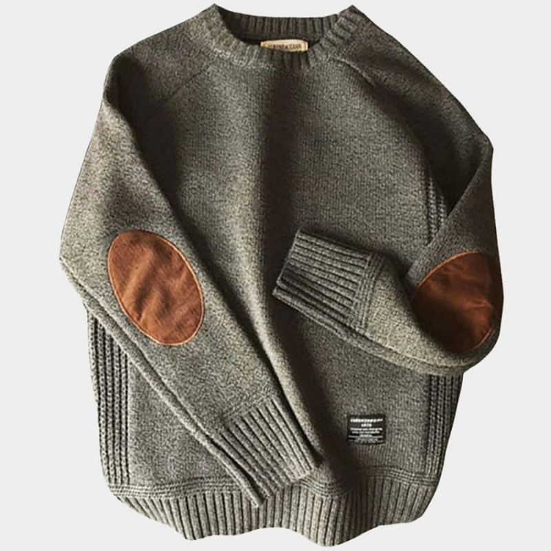 Herrenpullover mit Rundhalsausschnitt und Ellbogenpatches für den Herbst/Winter