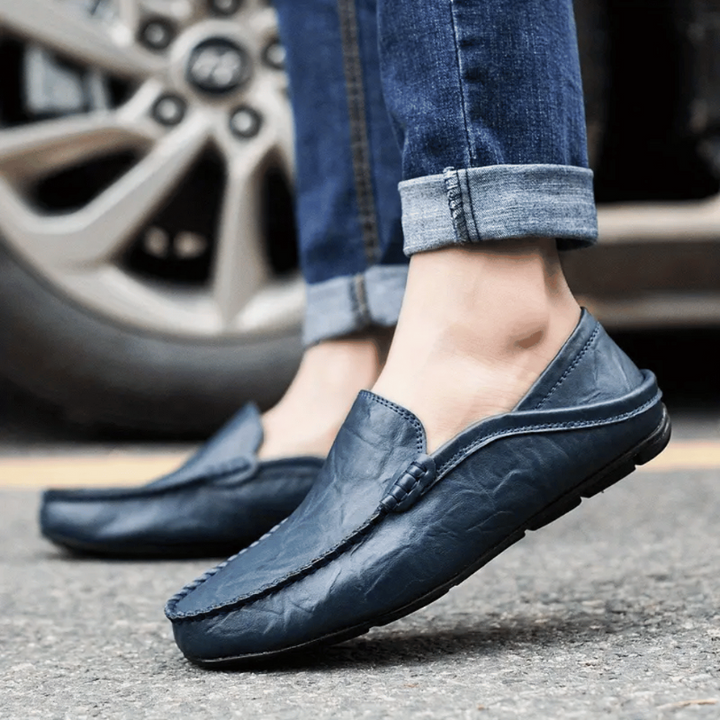Mocassini Uomo Eleganti in Pelle Mustard Slip-On con Dettagli Cuciti a Mano